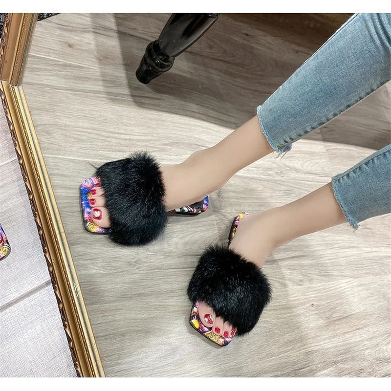 

Ladies' New Style 100% Real Rabbit Leather Slippers High Quality Summer Non-Slip Indoor Sandals