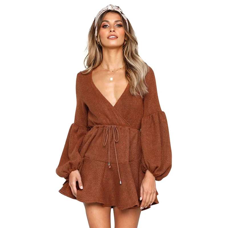 Весна осень длинный Пышный рукав вязаный свитер платья для женщин глубокий v