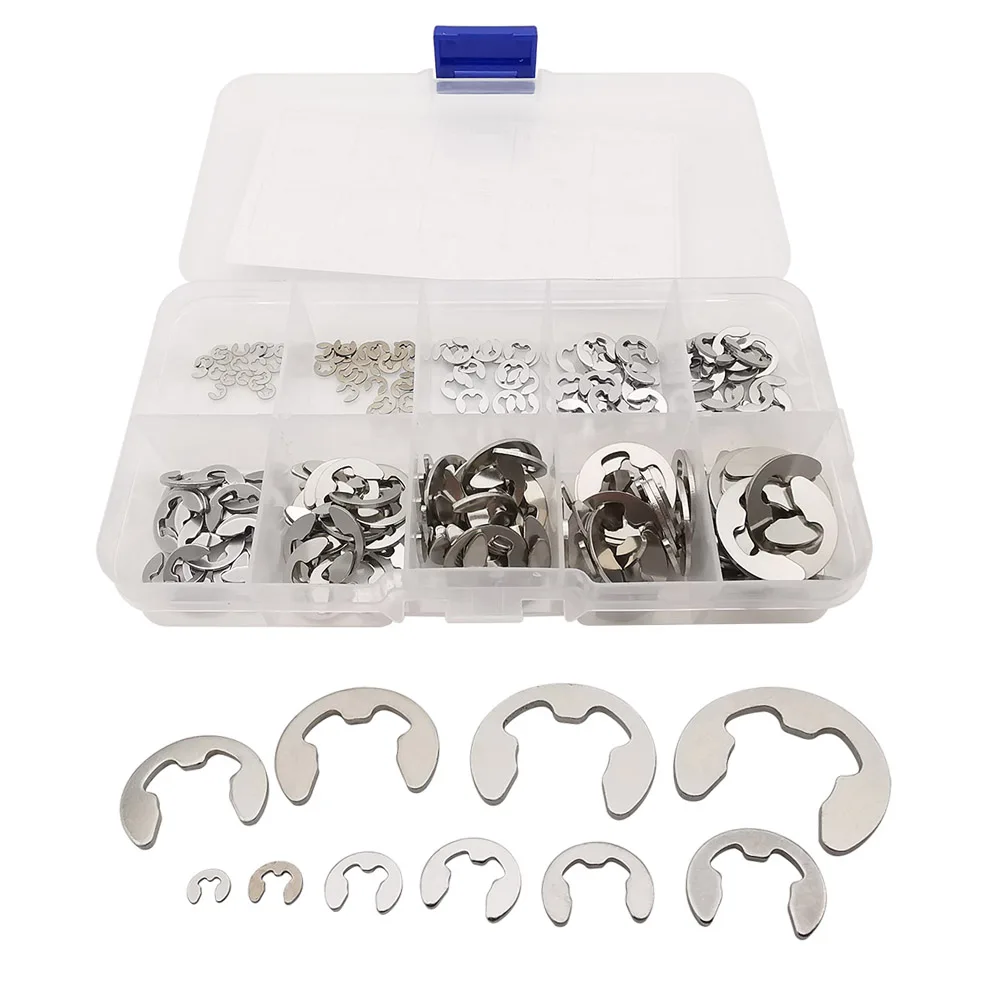 

200Pcs/Box 1.5-10mm Circlip Retaining Ring Washer Assortment Tool Kit 304 Stainless Steel E-type Open Clip Washer Shaft Fastener