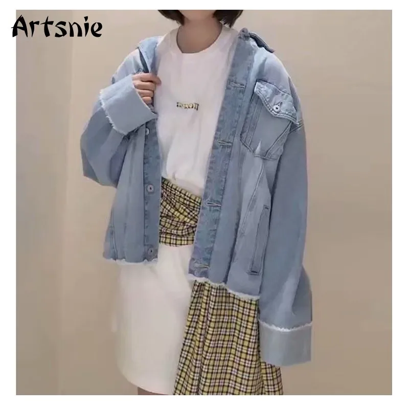 

Artsnie vintage oversized denim jacket women winter turn down collar single breasted coats female sweet blue jackets chaqueta