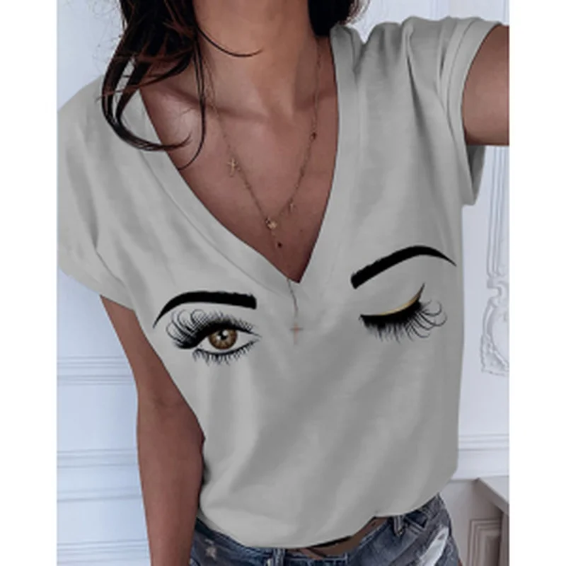 

2021 Summer S-5XL Plus Size Eyebrows Eyes Deep V-neck Women's T-shirt New Solid Casual Women's Tops Short Sleeve Tshirts funny