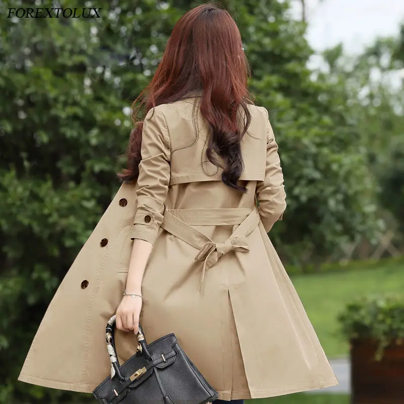 

Khaki Female Trench Double Breasted Overcoat Womens Windbreakers Autumn Coat Sashes Cape Manteau Femme Pockets Cotton Cloak