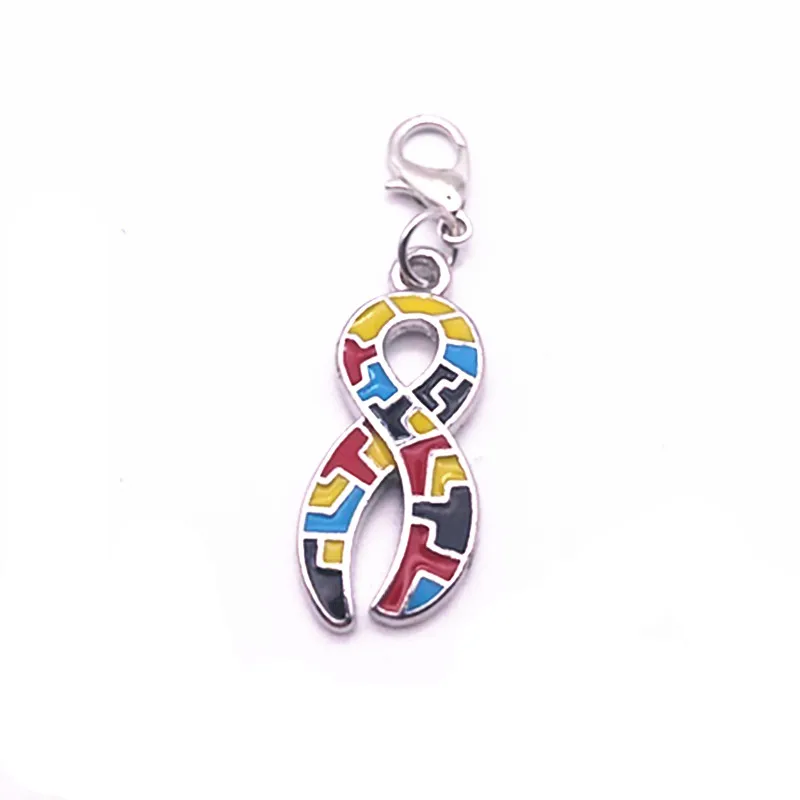 Enamel Autism Awareness Jigsaw Puzzle Piece Charms Pendant Wit Lobster Clasp For DIY Bracelet& Necklace Jewelry Making 20PCS - Metal color: as picture