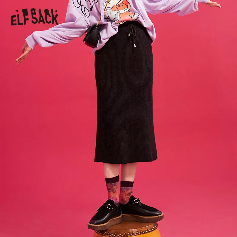 ELFSACK черная однотонная с разрезом завышенной талией вязаная юбка для женщин 2019
