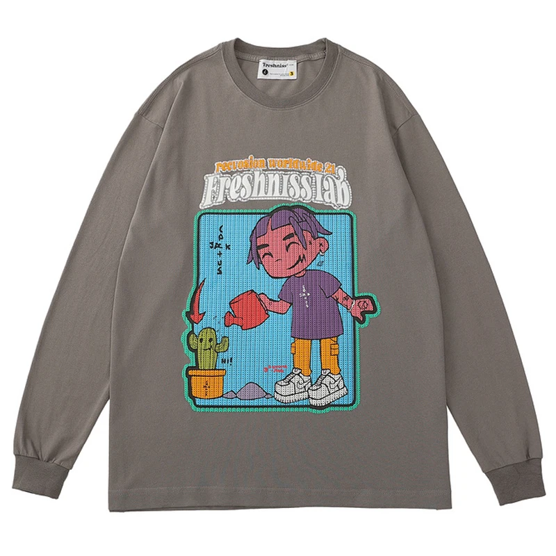 

Mens Letter Cartoon boy Cactus Print Harajuku T shirt Sweatshirts Male Cotton Long Sleeve Pullover Unisex Tshirts Streetwear