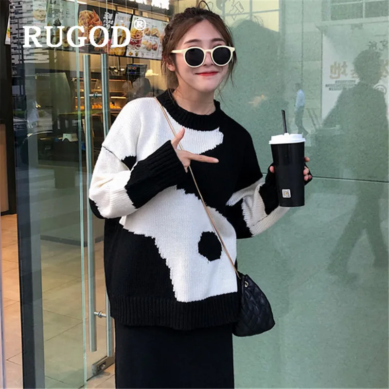 Женский пуловер с круглым вырезом RUGOD черно-белый свободный толстый вязаный