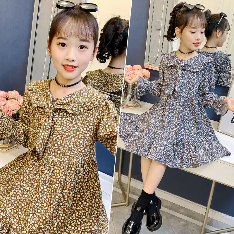 

Girls Floral Dress Spring Kids Long Sleeve Loose Princess Dress 10 12 Y Children's Clothing Blue Doll Collar School Girl Outfits