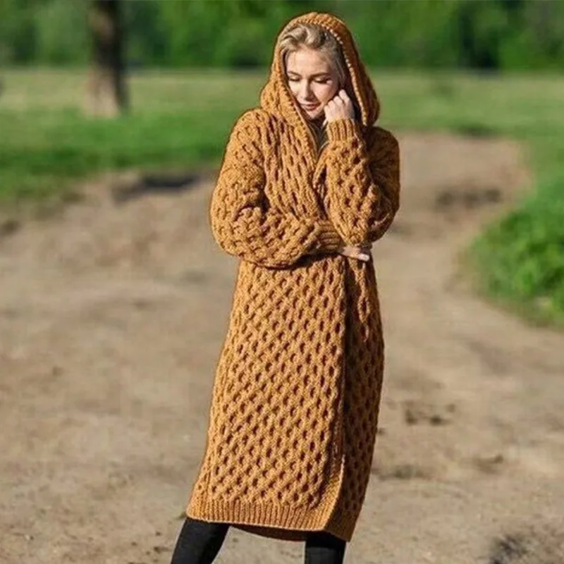 Ginger yellow Плюс размер 5XL с капюшоном, вязаный кардиган для женщин, скрученный вязаный женский длинный кардиган, Осень-зима, свитера, пальто для женщин - Цвет: Ginger yellow