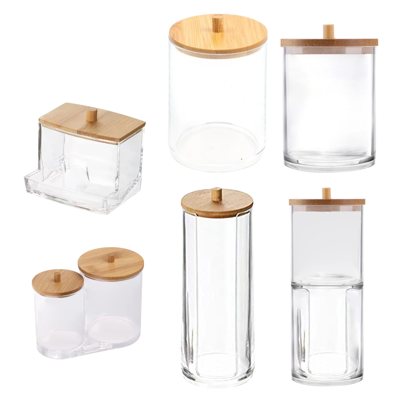 

Cotton Swabs Storage with Bamboo Cover Acrylic Round Makeup Container Transparent Cosmetics Cotton Pads Makeup Storage Organizer