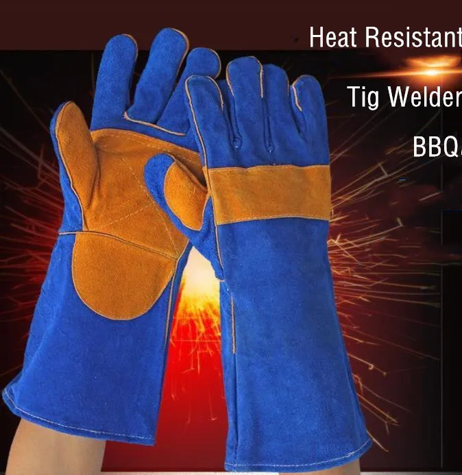 13-16 Inches Leather Forge Welding Gloves Heat Fire Resistant Grill Fireplace Furnace Stove Pot Holder Tig Welder Mig BBQ Gloves