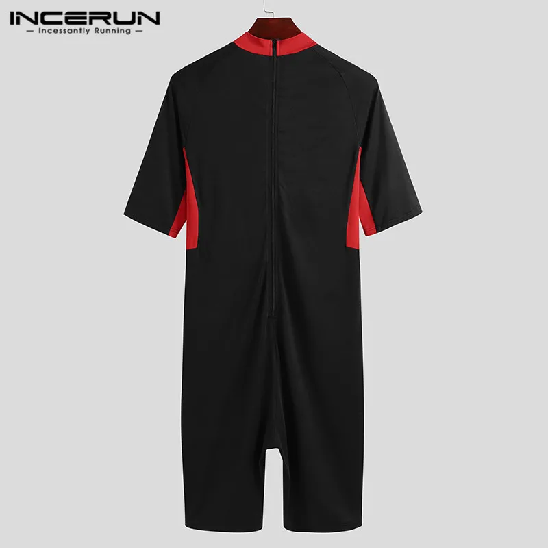 

INCERUN Fashion Men Rompers Patchwork Short Sleeve Fitness Casual Jumpsuits Bodybuilding Workout Shorts Skinny Mens Overalls