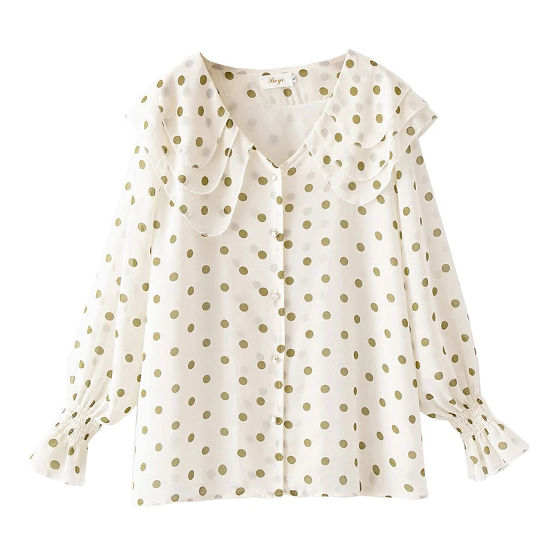 

GEMUTLICH Women Big Size Polka Dot Shirt Casual Chiffon Long Sleeve Ruffles V-Neck Collar XL-4XL Blouse Plus Size