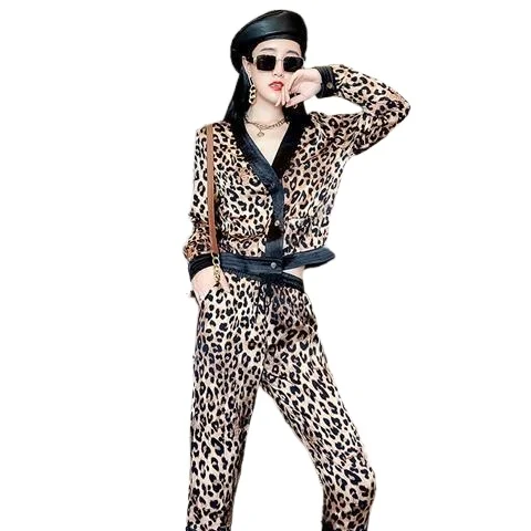 

2021 spring new fashion leopard print two-piece casual women's short coat all-match pants