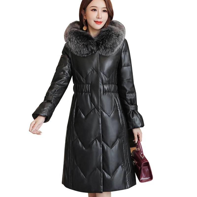 2019 зимняя куртка женская белая на утином пуху длинная пуховая с натуральным