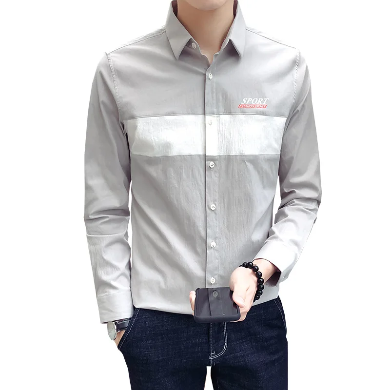 

Men Clothing 2021 Spring New Style Cotton Shirt Hong Kong Style Trend Lapel Fit Shirt Youth Stitching Long-sleeved Fashion Shirt