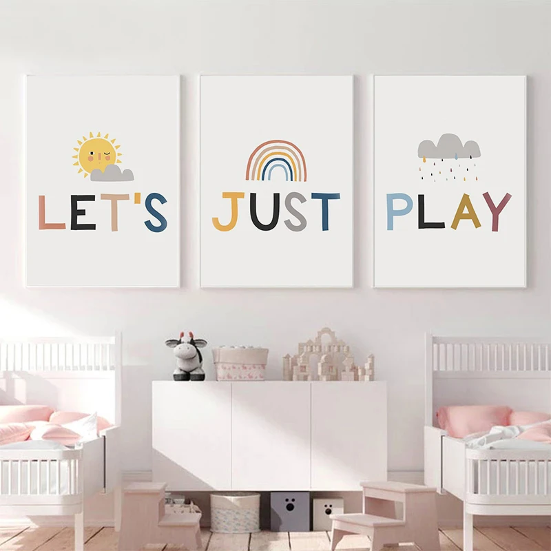 Lets Just Play Posters Nursery Wall Art Print Sun Cartoon Cloud Rainbow
for Children Bedroom Canvas Picture Baby Room Painting