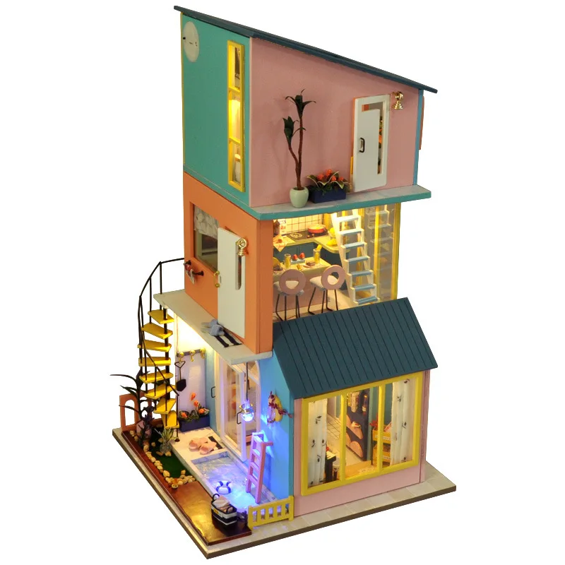 

Деревянный кукольный домик «сделай сам», Современная Лофт, миниатюрная вилла с мебелью светильник сборный светлый розовый дом принцессы, и...