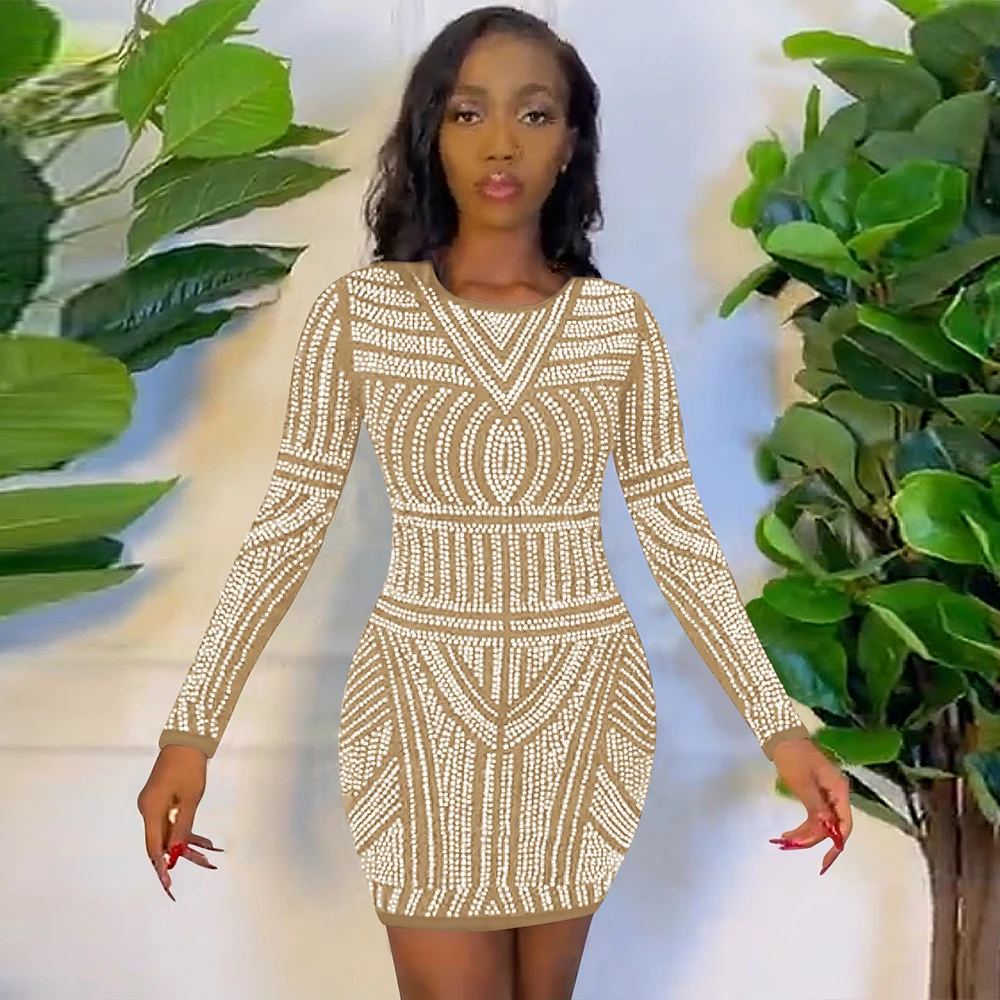

Elegant Fashion Women's Rhinestones Birthday Dresses Sexy Hipster Black Apricot O-neck Full Sleeve Package Hip Bodycon Vestidos