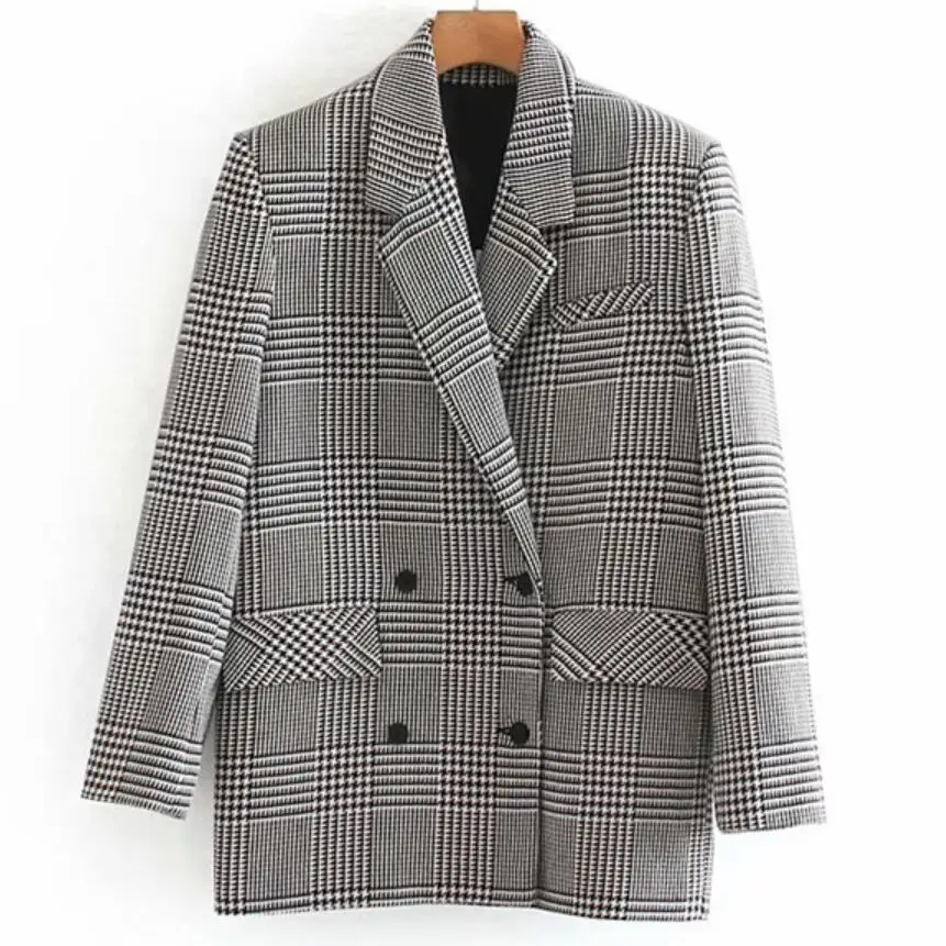 

new arrival vintage plaid blazer women notched ol straight double breasted suit jacket
