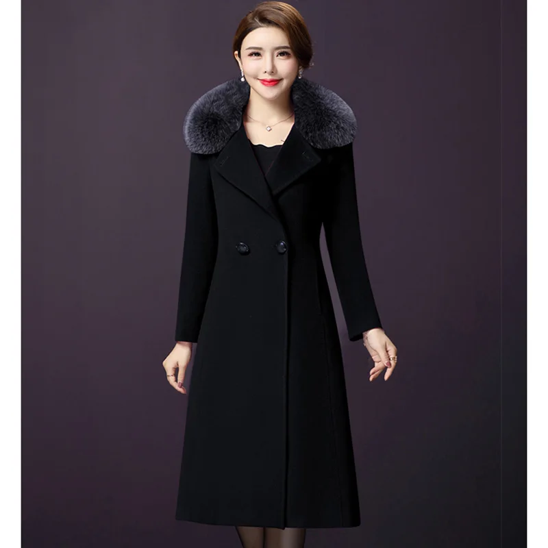 Autumn winter womens woolen coats fashion thicken Slim middle long fur collar cashmere windbreaker coat women's plus size 4XL | Женская