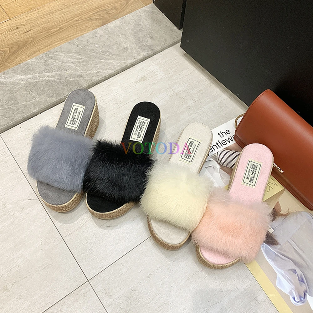 

Summer Women Plush Slippers 5CM Wedge Heel Outdoor Flip Flops Furry Faux Fur Lady Sandals Fashion Casual Non-Slip Female Shoes