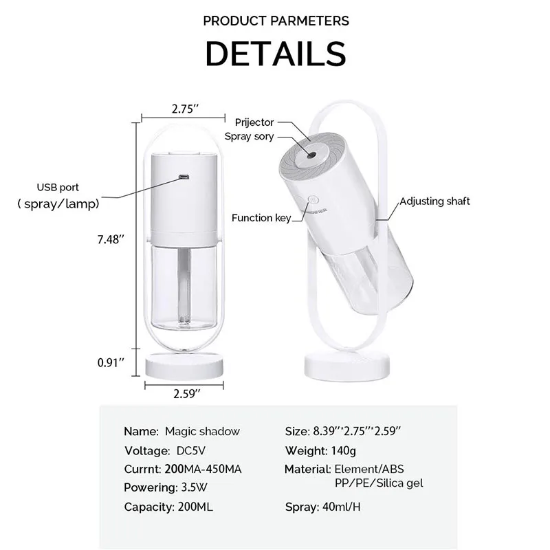 

200ML Magic Shadow Humidifier 360 Degree Mist Spray Projector Lamp Ultrasonic Cool Mist Maker Aroma Diffuser USB Humidificador