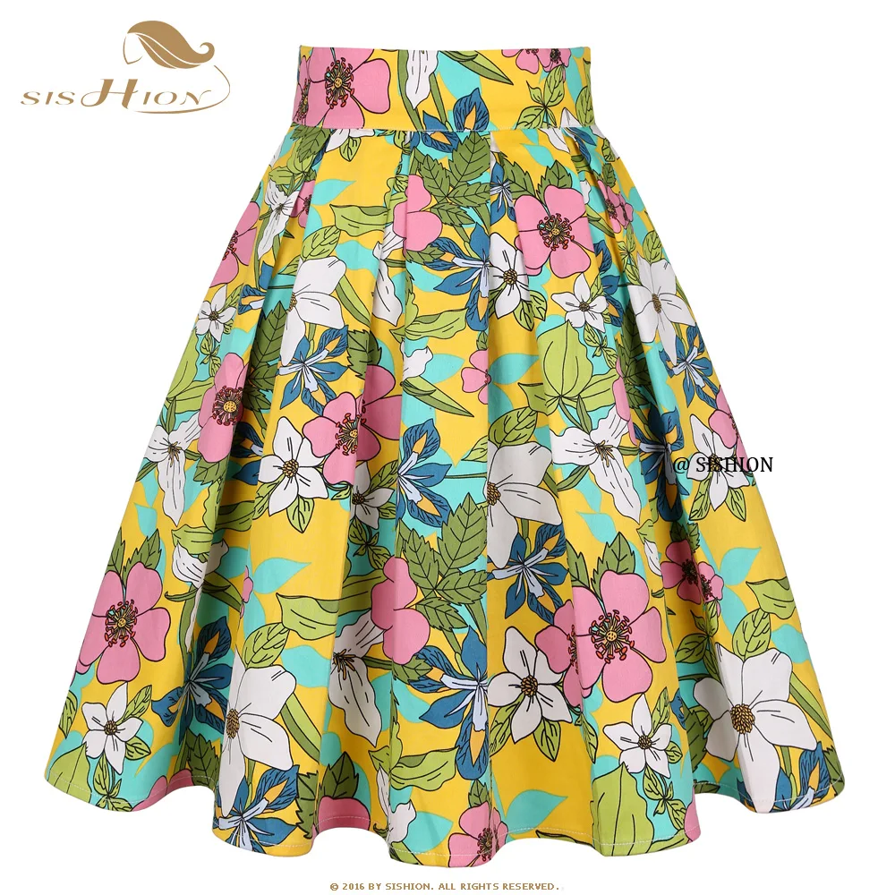 

SISHION Cotton Retro Vintage Floral Skirt with Pockets SS0012 Y2K Faldas Skater Party Midi Women Summer Pleated Skirt