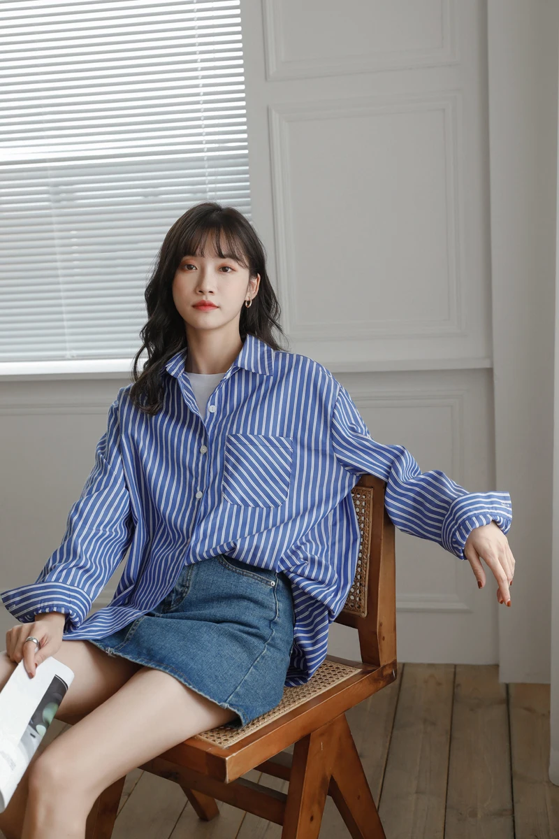 

COIGARSAM Full Sleeve Shirt Womens tops New Striped Women shirts Dark Blue 8917