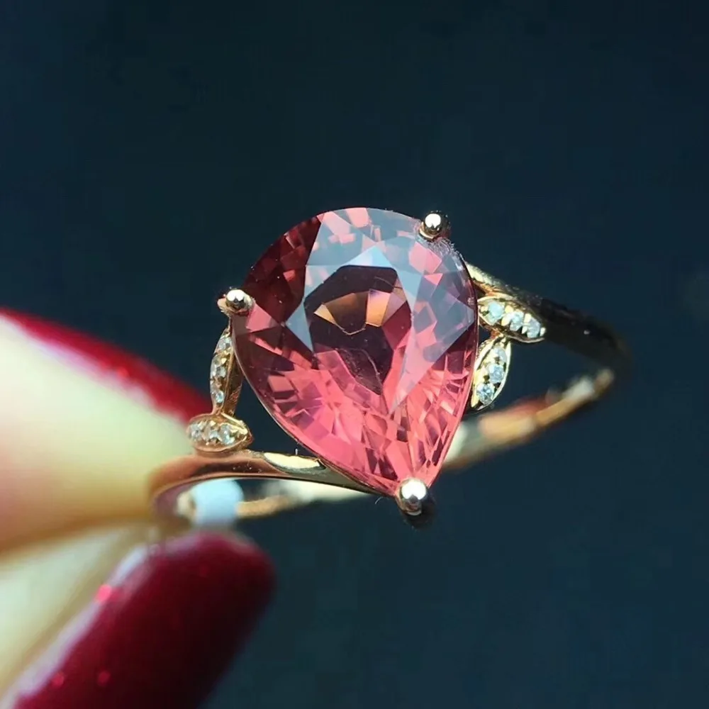 Fine Jewelry Real Pure 18 K Gold AU750 Natural Red Tourmaline Gemstone 2.8ct Female Rings Brazil Origin for Women's Gift