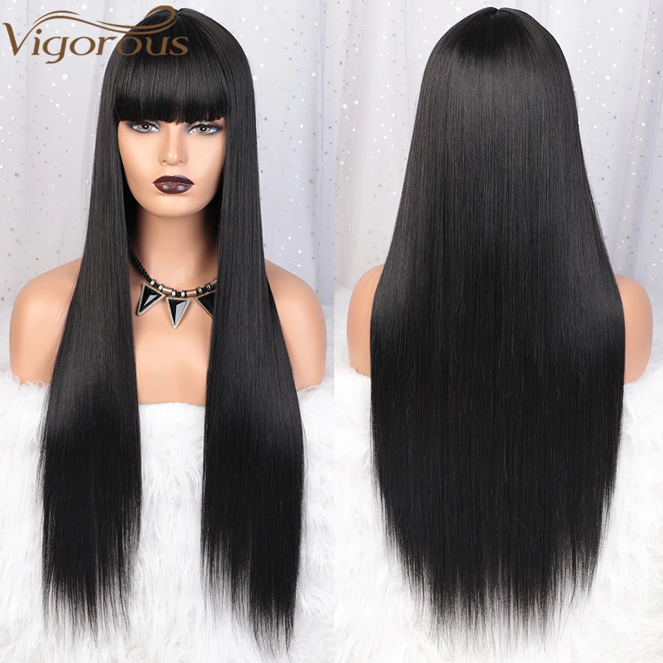 Волнистые длинные прямые синтетические парики черные с челкой для женщин