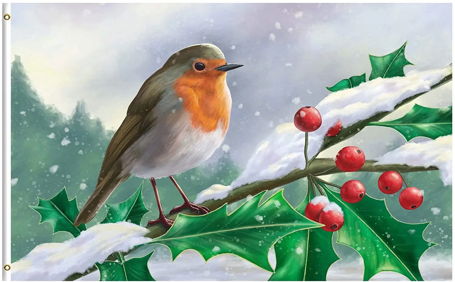 

Seasonal Winter Christmas Bird Robin On Tree Branch in A Snow Landscape 3x5 Foot Flag for Home House Outdoor Indoor Decor