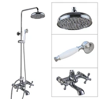 polished chrome brass dual cross handles wall mounted bathroom 8 round rain shower head faucet set bath tub mixer taps mcy321