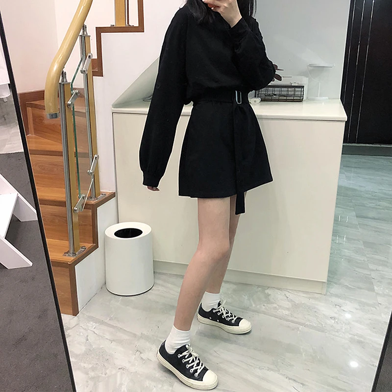 

7 Colors Full Sleeve Fashion Women's Top Spring Autumn Solid Color Loose Female Shirt O Neck Dress With Adjustable Belt