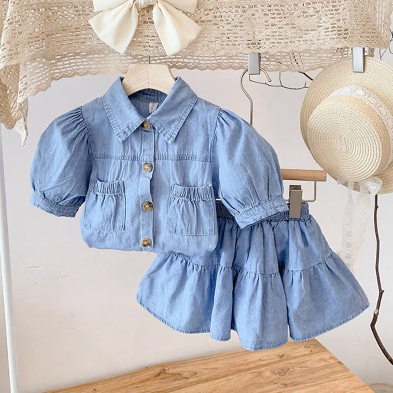

Summer Kids Baby Girl Children's Clothes Set Cute Kids Baby Girls Short Sleeve Cowboy Pure Color Top + Skirt Outfits Suits