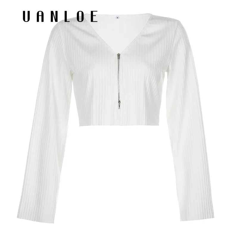 

Autumn Knitted Long Sleeve Loose T-shirt Autumn Streetwear Women Zipper Cardigan Beach Club White Ladies Tshirt Harajuku
