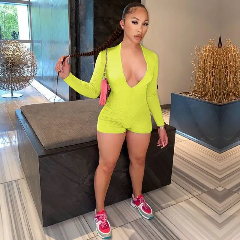 

Rib Solid Aesthetic Long Sleeve Bodycon Playsuit One Piece Outfit Women Overalls Trendy Sexy V-neck Summer Club Clothes