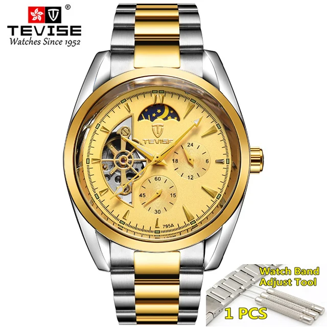 silver-gold-gold Tevise мужские часы Топ бренд класса люкс мужские механические часы автоматические нержавеющая сталь золотые мужские часы Relogio Masculino - Цвет: silver-gold-gold