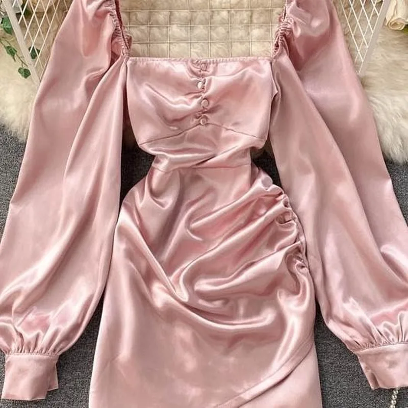 

2021 Spring Autumn New Women Elegant Satin Dress Vintage Square Collar Ruffles Bodycon Dress Ladies Sexy Short Dresses Y587
