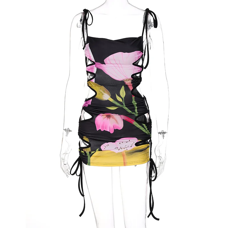 

Sibybo Sexy Print Bandage Mini Dress Women Hollow Out Slash Neck Sleeveless Bodycon Dresses 2021 Midnight Clubwear Party Vestido