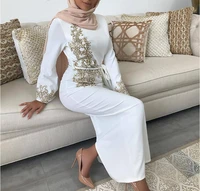 muslim womens dress fashionable and elegant embroidery lace nail bead flared sleeve lace up dress moroccan kaftan islamic