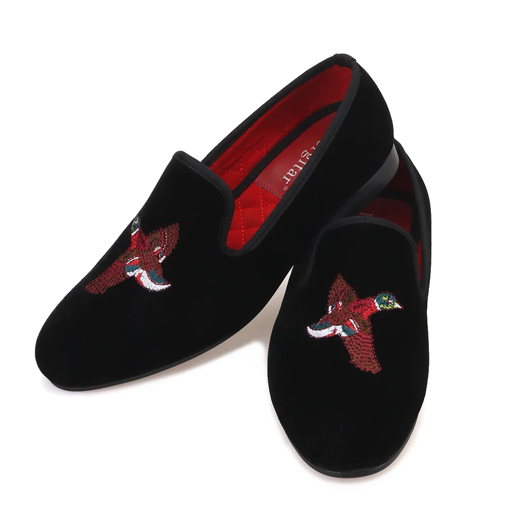 Piergitar handmade bird embroidery men velvet shoe party loafers banquet smoking slippers men's flats plus size | Обувь