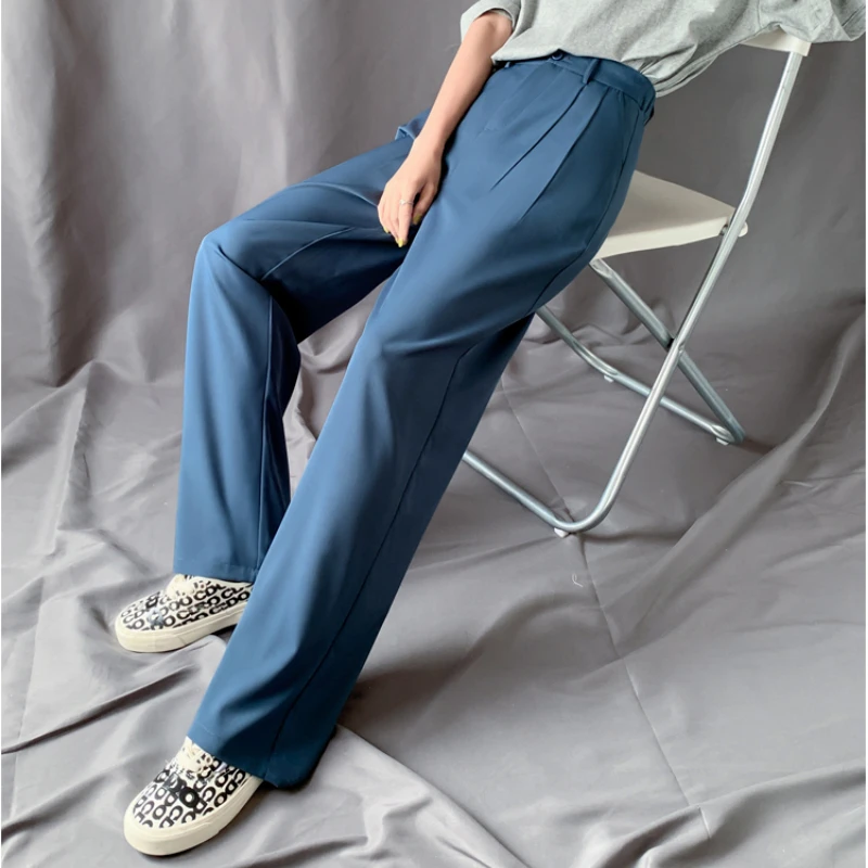 

2021 New Fashion Women Elastic High Waist Wide Leg Pants Spring Summer Drape Loose Straight Pant Female Ice Silk Long Trousers