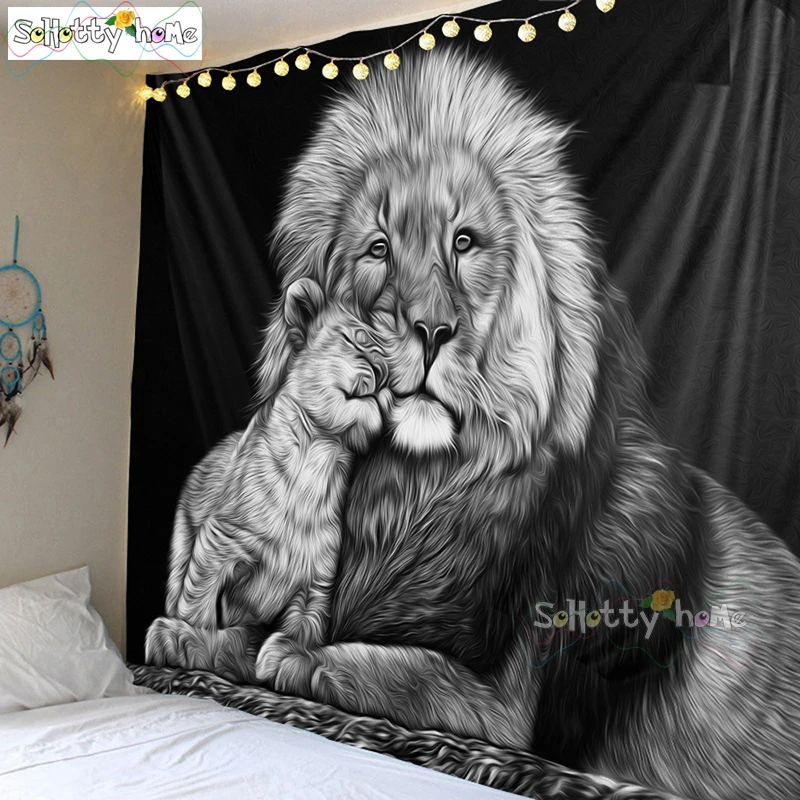 

Лев семья МАНДАЛА ГОБЕЛЕН настенный 3D Белый Черный гобелен с животными хиппи стены ковры общежития Декор Psychedelic гобелен