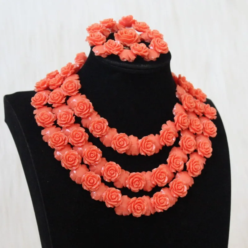 Dudo Store, оригинальные оранжевые коралловые цветы, Женский комплект ювелирных изделий, Нигерия, трехслойный, с браслетом и серьгами