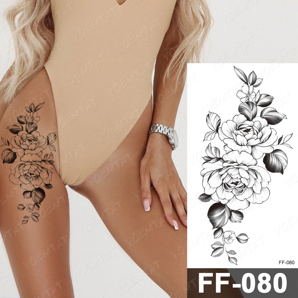 

Waterproof Temporary Tattoo Sticker Peony Plum Blossom Black Flash Tattoos Female Minimalist Line Body Art Back Fake Tatoo Male