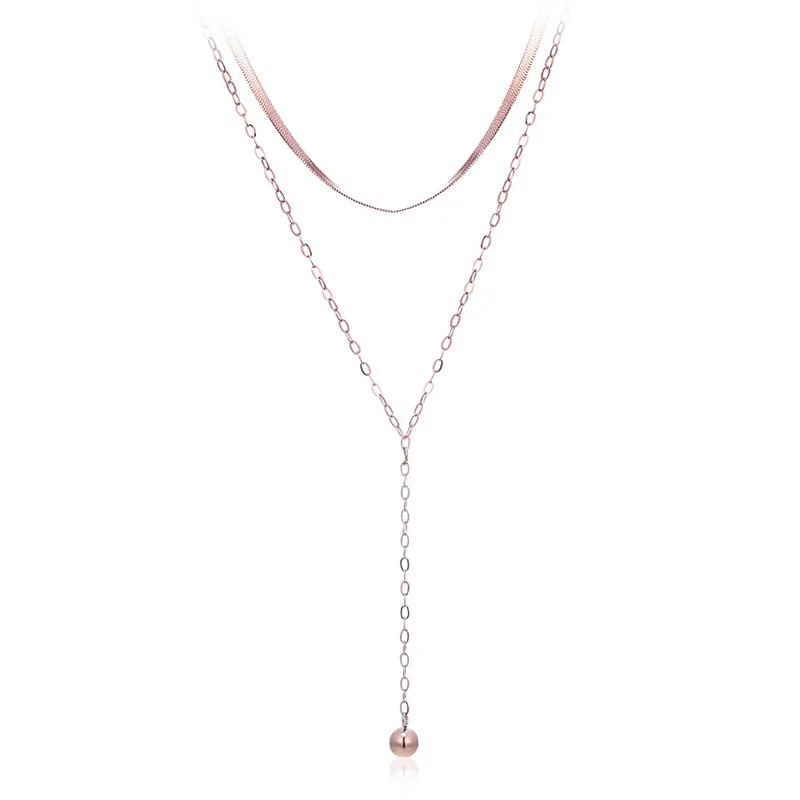 

New Korean Double Short Snake Chain Necklace Hanging Round Ball Clavicle Chain Female Trend Titanium Steel Jewelry