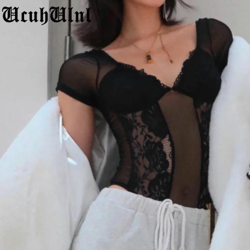 

Vintage Palace Black Bodysuit Gothic Sexy Bodycon High Waist Bodysuit Women Aesthetic See Through Short Sleeve Jumpsuits