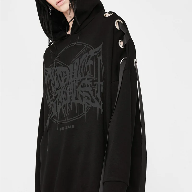 Y Demo готический черный женский пуловер с капюшоном и длинным рукавом на шнуровке
