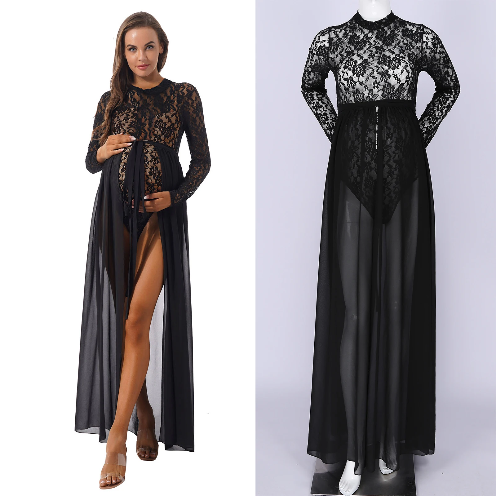 

Maternity Photography Props Pregnancy Stretchy See Through Lace Bodysuit Cape Long Train Sets Pregnant Women Shooting Photo Gown