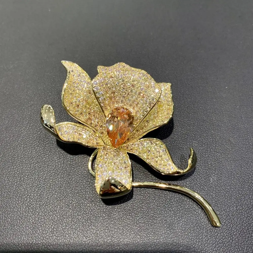 

gold color beautiful flower brooch copper with cubic zircon fashion women jewelry for coat & dress free shipping 6.7*4CM
